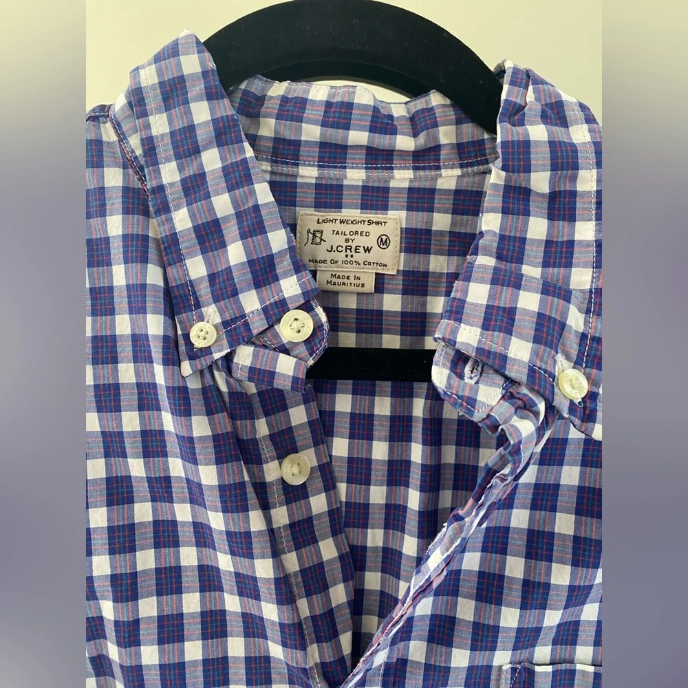 J. Crew - 100% Cotton Navy Blue and White Plaid Button Down Shirt - Size M